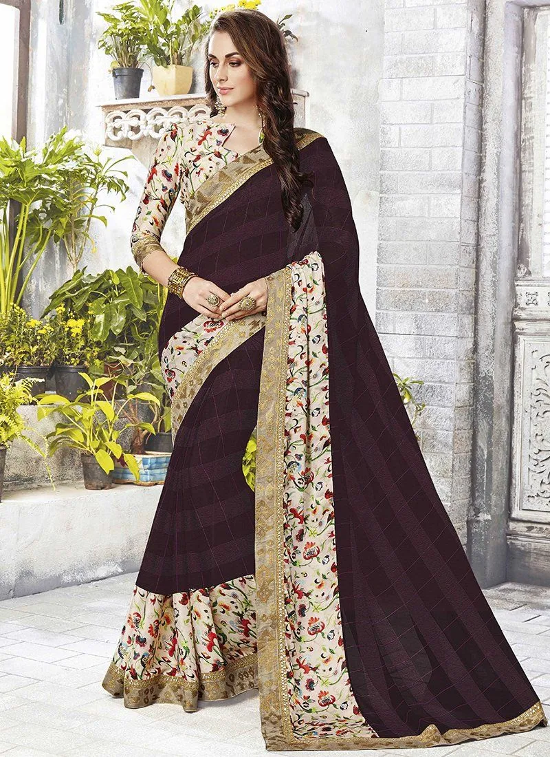 Catelog 6650: casual floral print trim sarees - brown 2