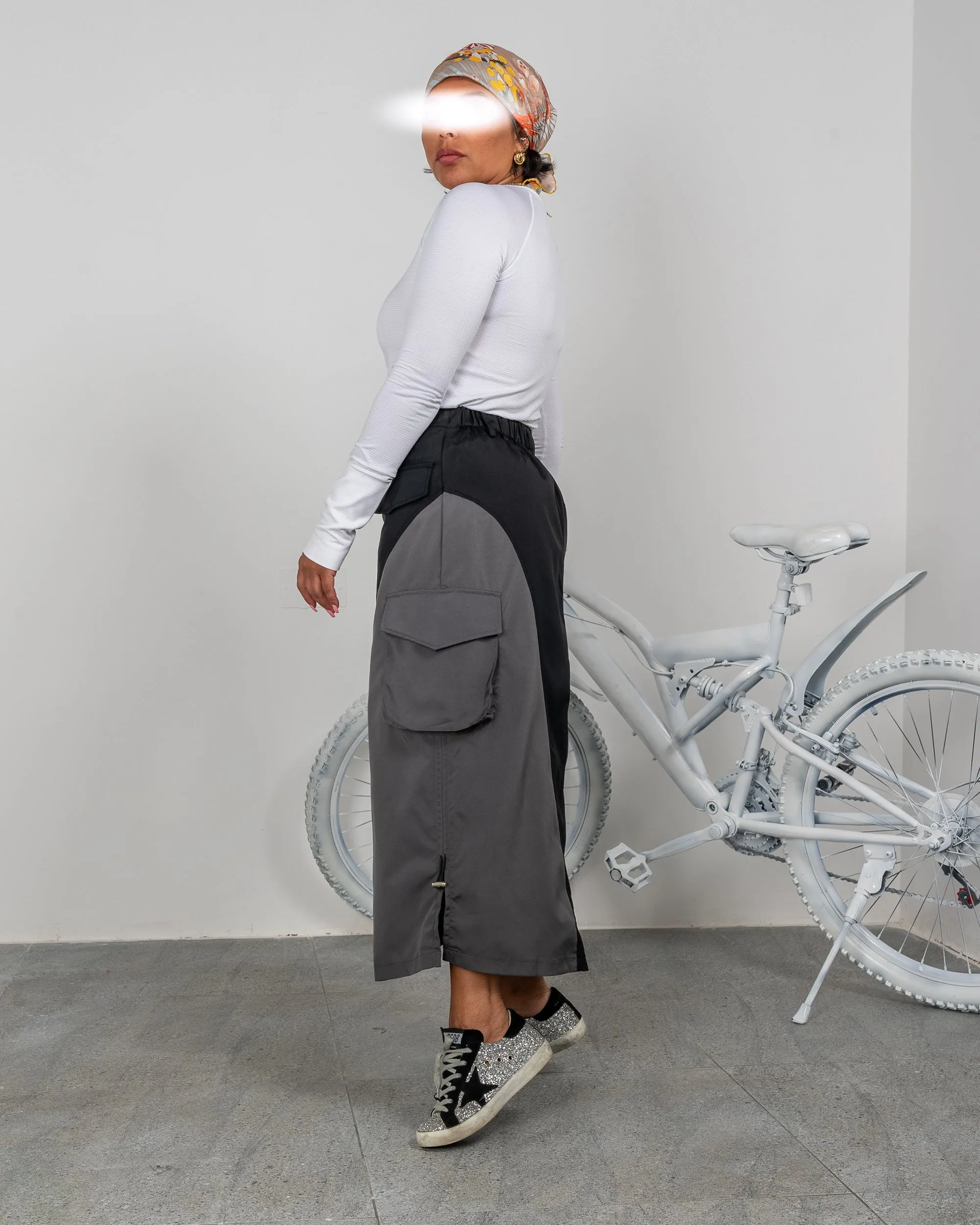 ColorBlock Flap Pocket Ruched Cargo Skirt 3524 - تنورة