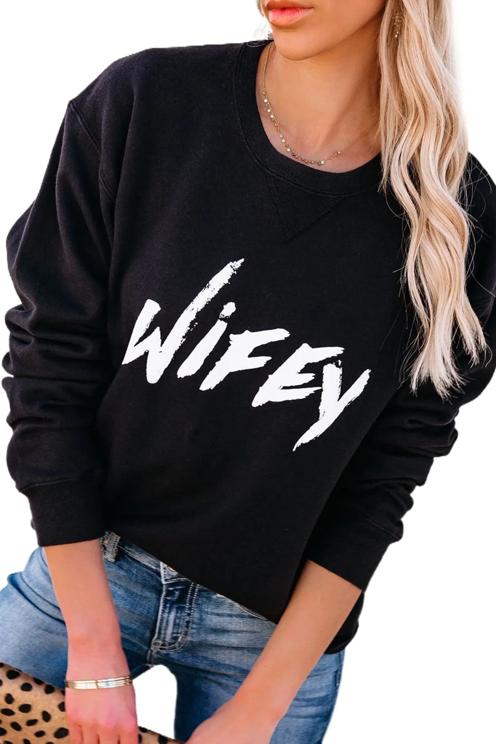 Crew Neck Wifey Graphic Sweatshirt