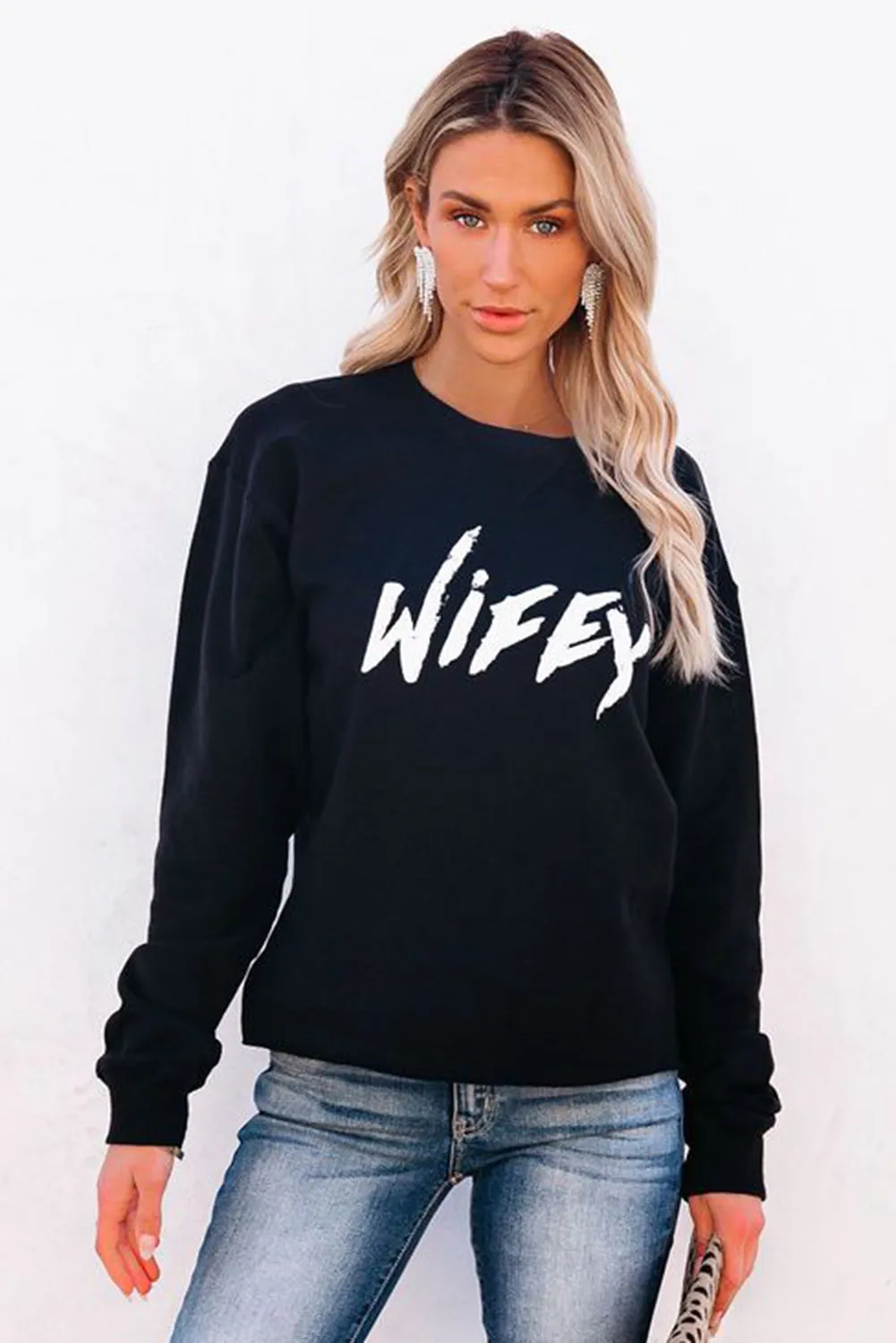 Crew Neck Wifey Graphic Sweatshirt