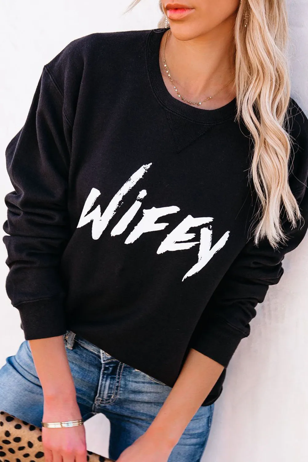 Crew Neck Wifey Graphic Sweatshirt