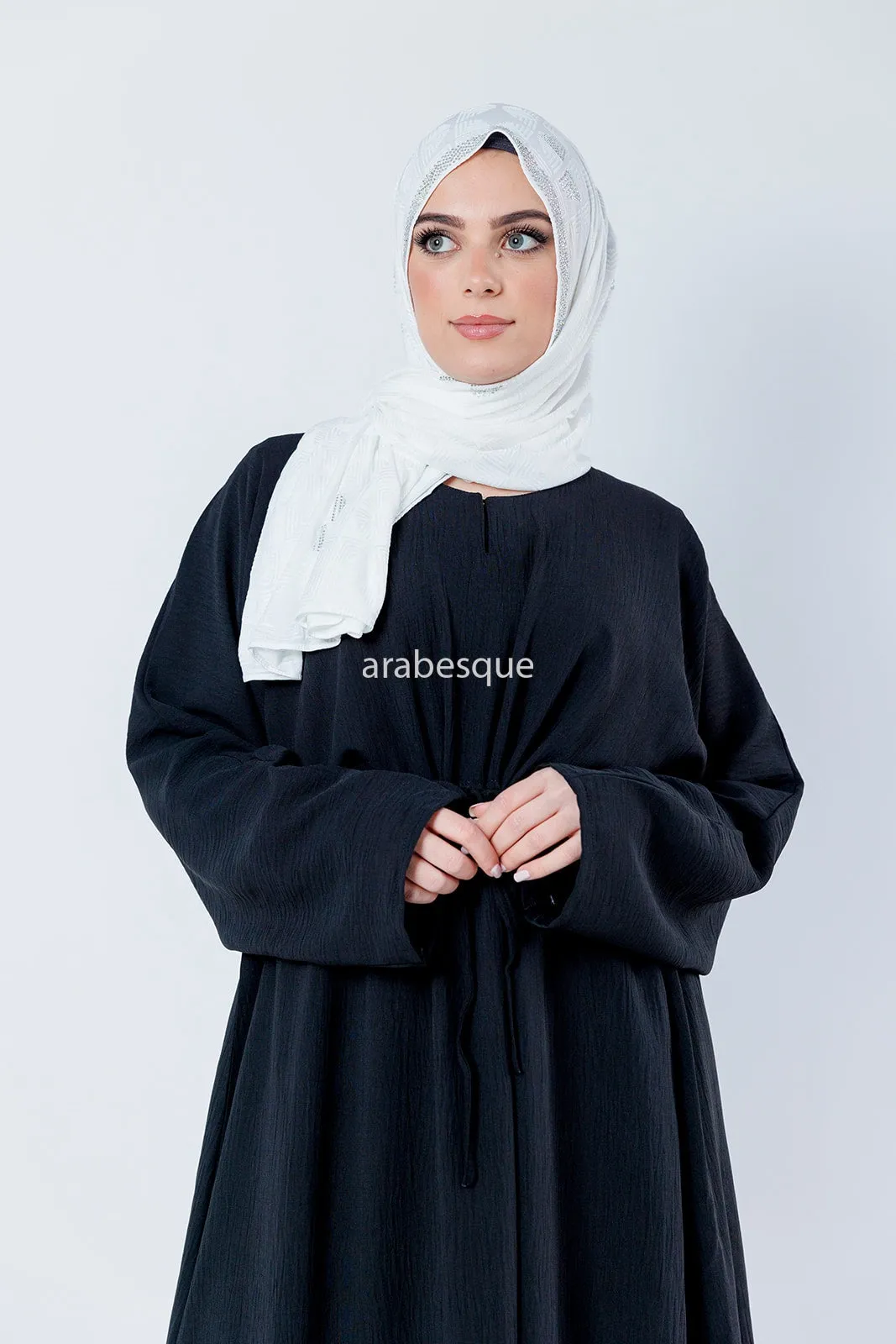 Crushed Polyester Plain Draw String Closed Abaya - 9 Colours