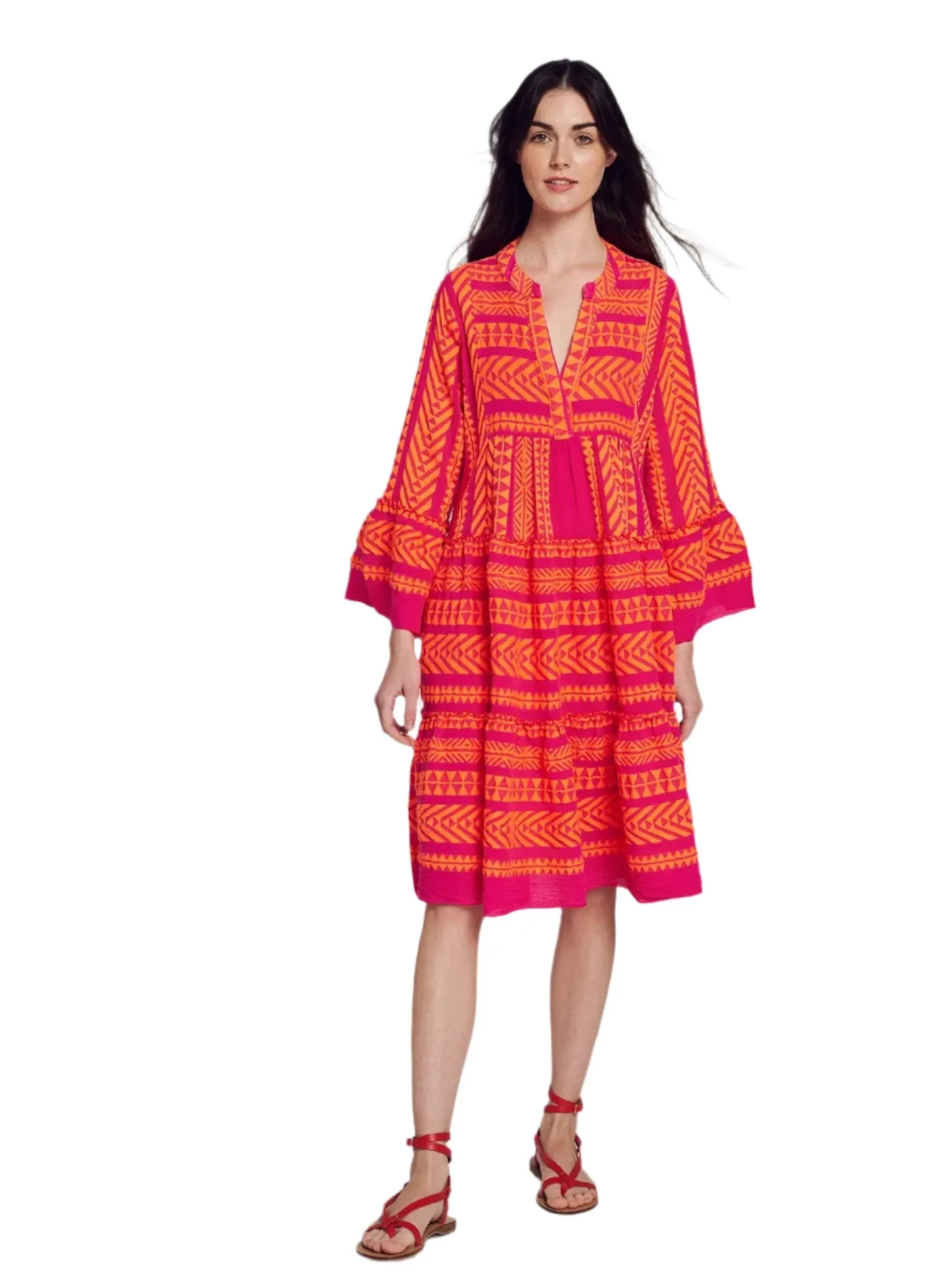 Devotion twins Ella Midi Dress in Orange and Fushia