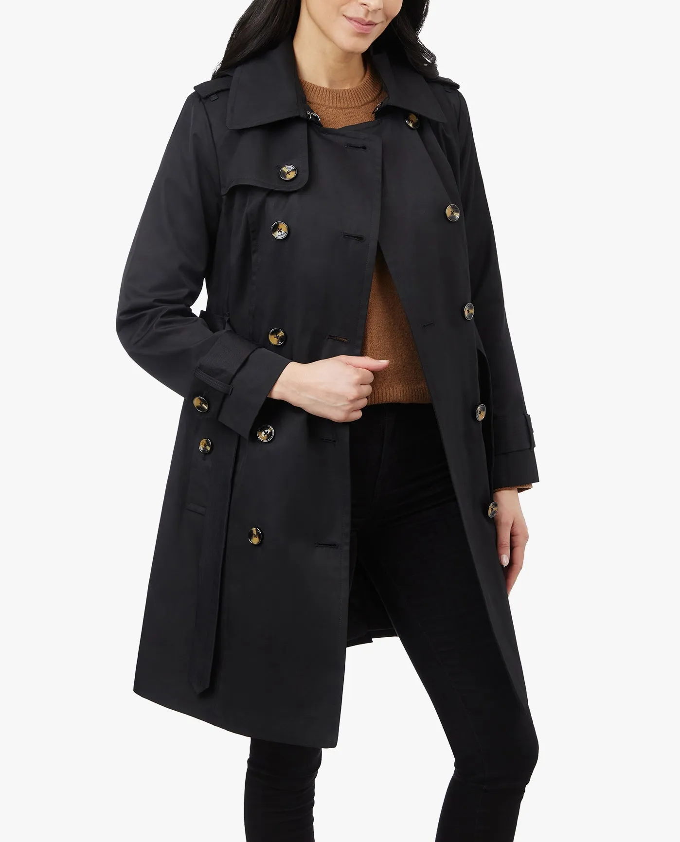 DOUBLE BREASTED HOODED TRENCH COAT WITH WAIST BELT