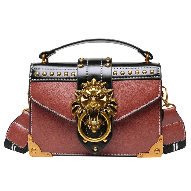 Female Fashion Handbags Luxury Girls Crossbody Bags Tote Woman Metal Lion Head Brand Shoulder Purse Mini Square Messenger Bag