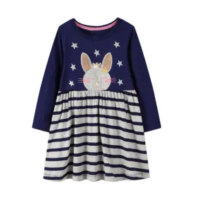 Full Sleeve Glitter Bunny Design  Girls Dress, Blue