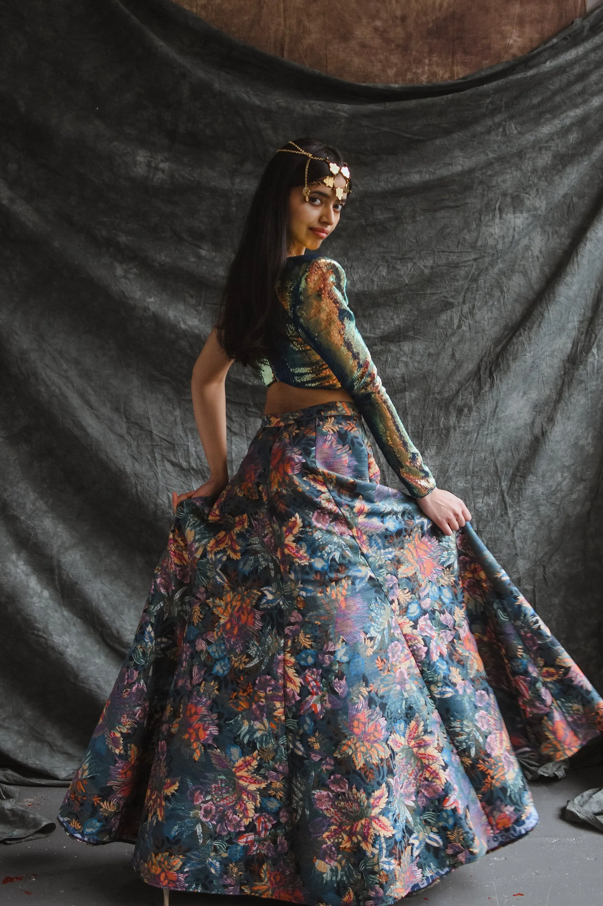 GISELLA Enchanted Floral Teal Lehenga Skirt