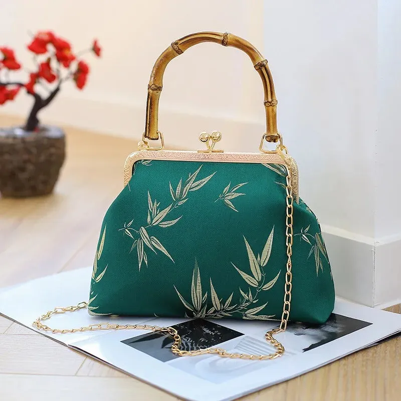 Green and Gold Bamboo Handle Handbag