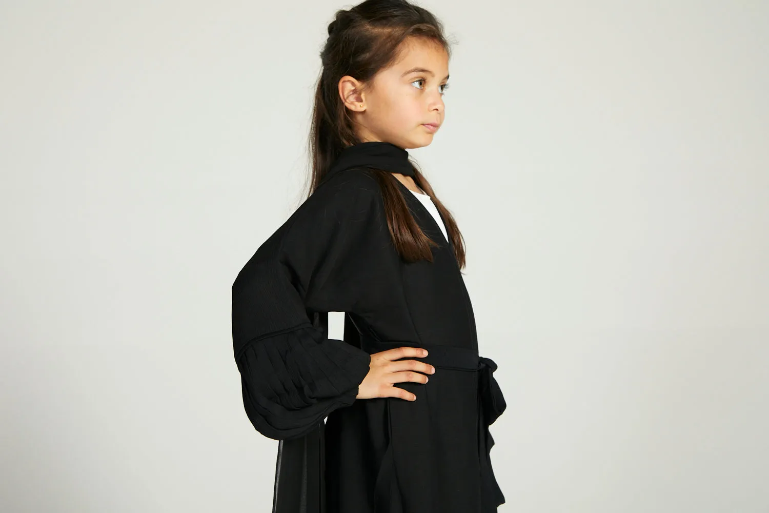 Junior Girls Premium Textured Open Abaya with Pleated Cuffs - Black