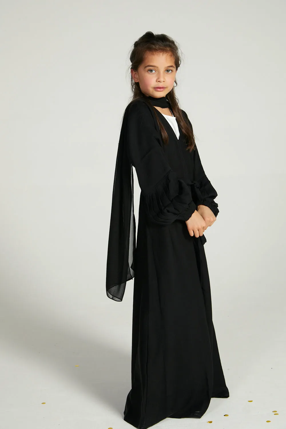 Junior Girls Premium Textured Open Abaya with Pleated Cuffs - Black