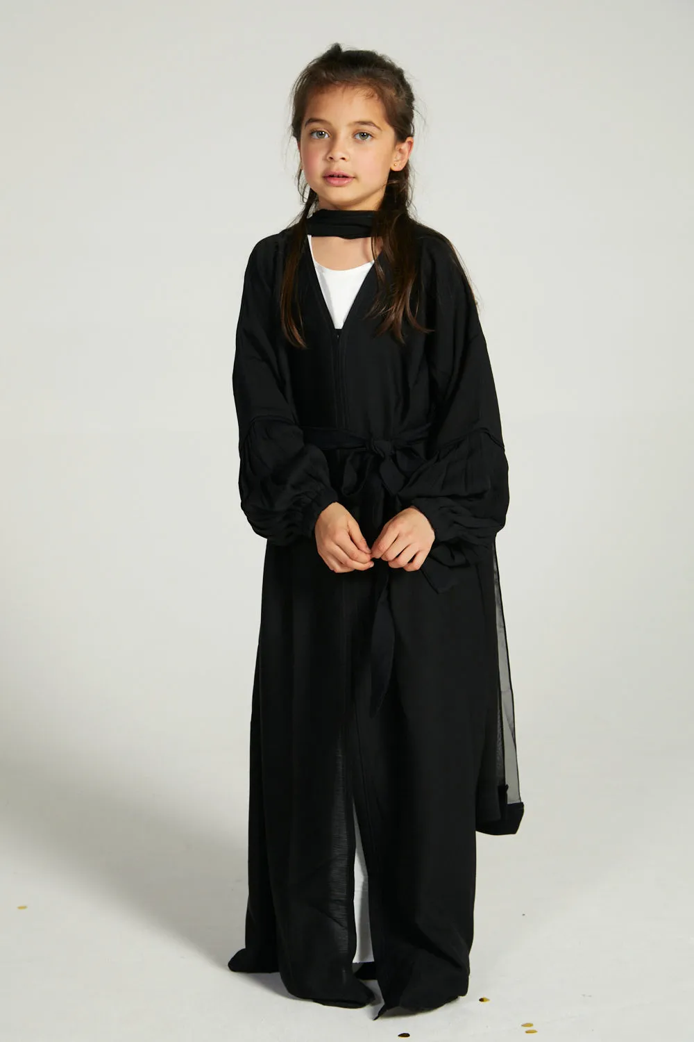 Junior Girls Premium Textured Open Abaya with Pleated Cuffs - Black