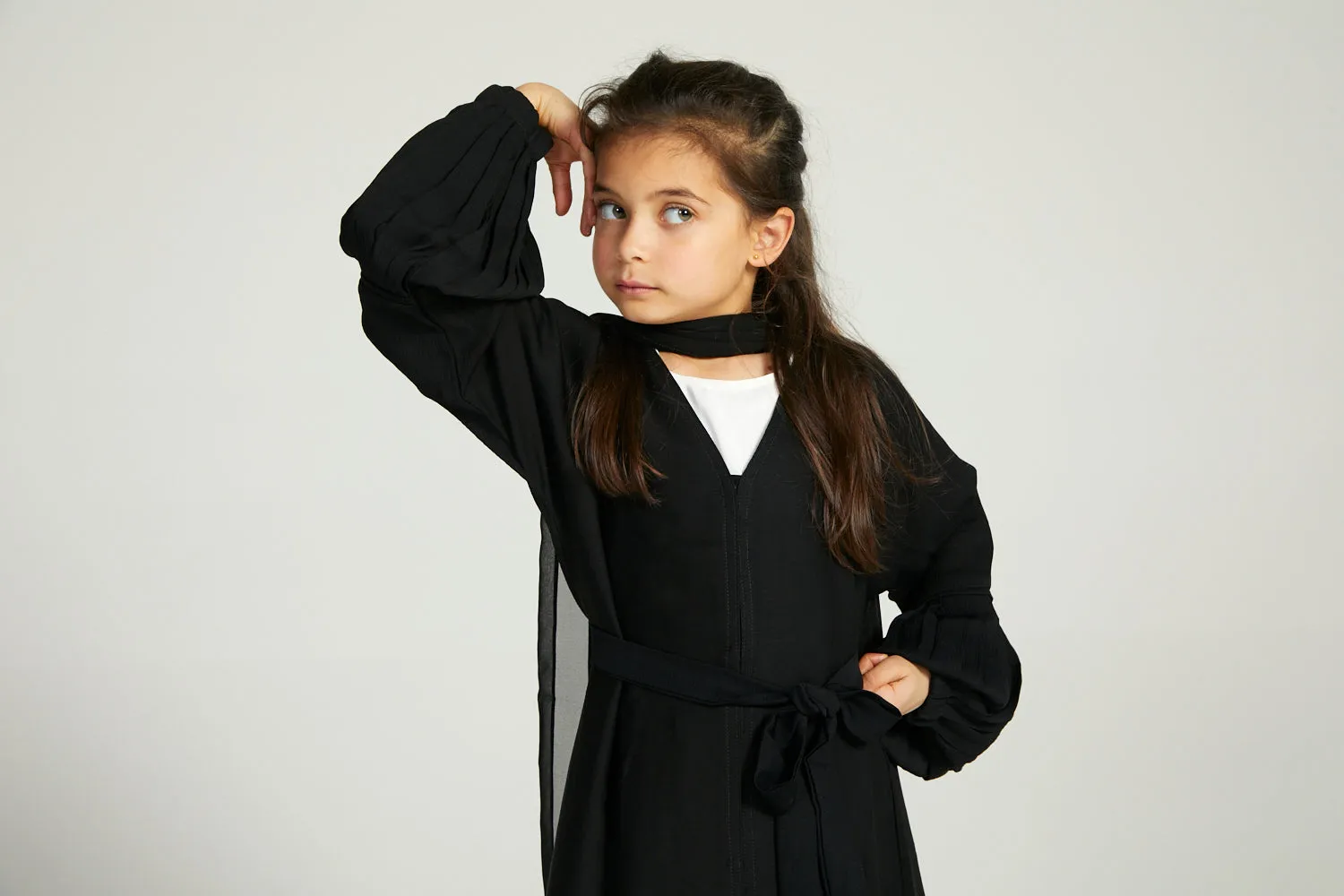 Junior Girls Premium Textured Open Abaya with Pleated Cuffs - Black