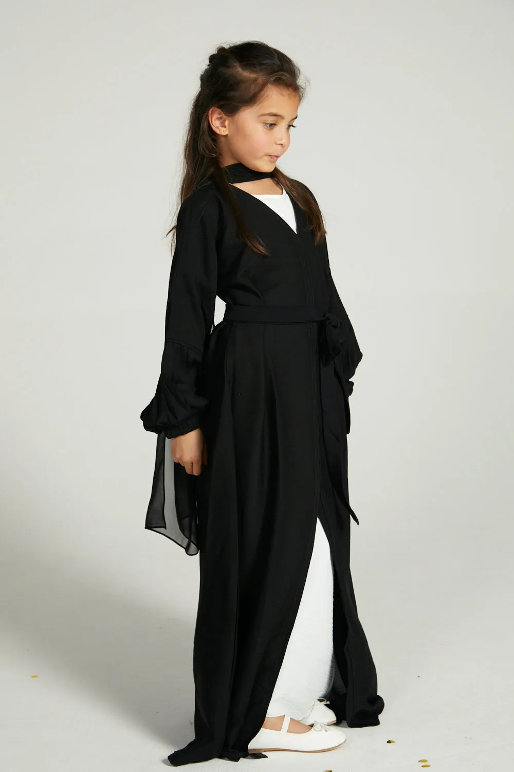 Junior Girls Premium Textured Open Abaya with Pleated Cuffs - Black