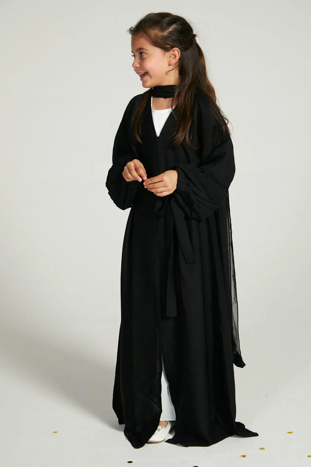 Junior Girls Premium Textured Open Abaya with Pleated Cuffs - Black