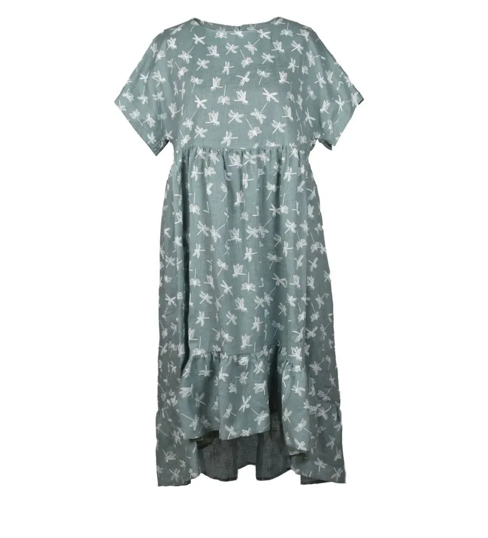 Linen Dress Emma Green Tea Dragonfly Print