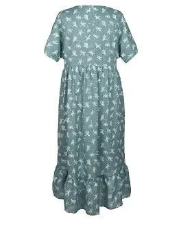 Linen Dress Emma Green Tea Dragonfly Print