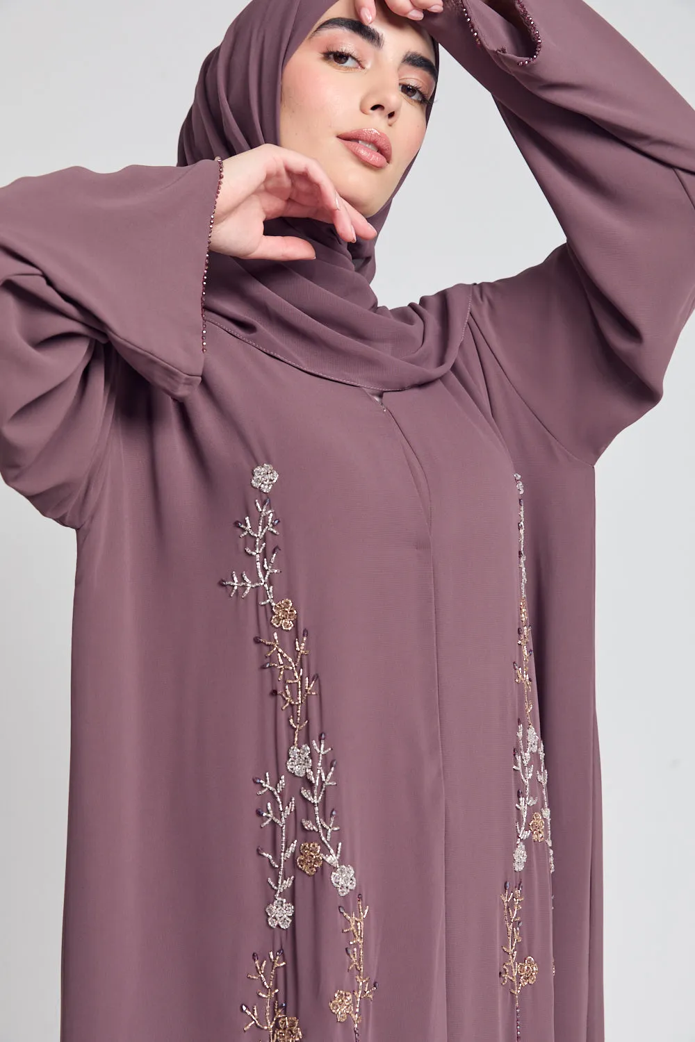 Mauve Mist Chiffon Floral Embellished Open Abaya