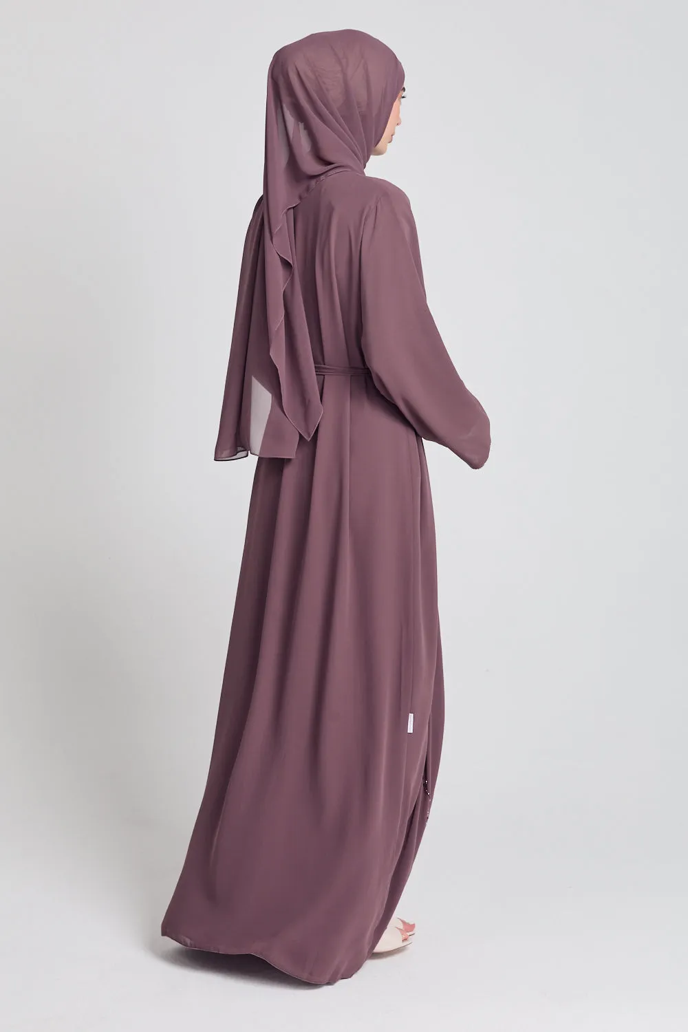 Mauve Mist Chiffon Floral Embellished Open Abaya