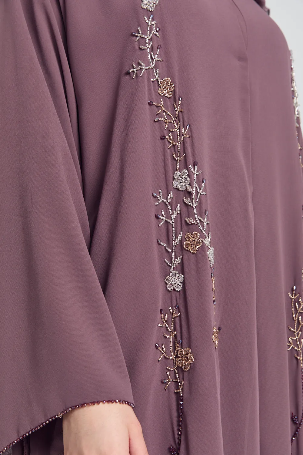 Mauve Mist Chiffon Floral Embellished Open Abaya