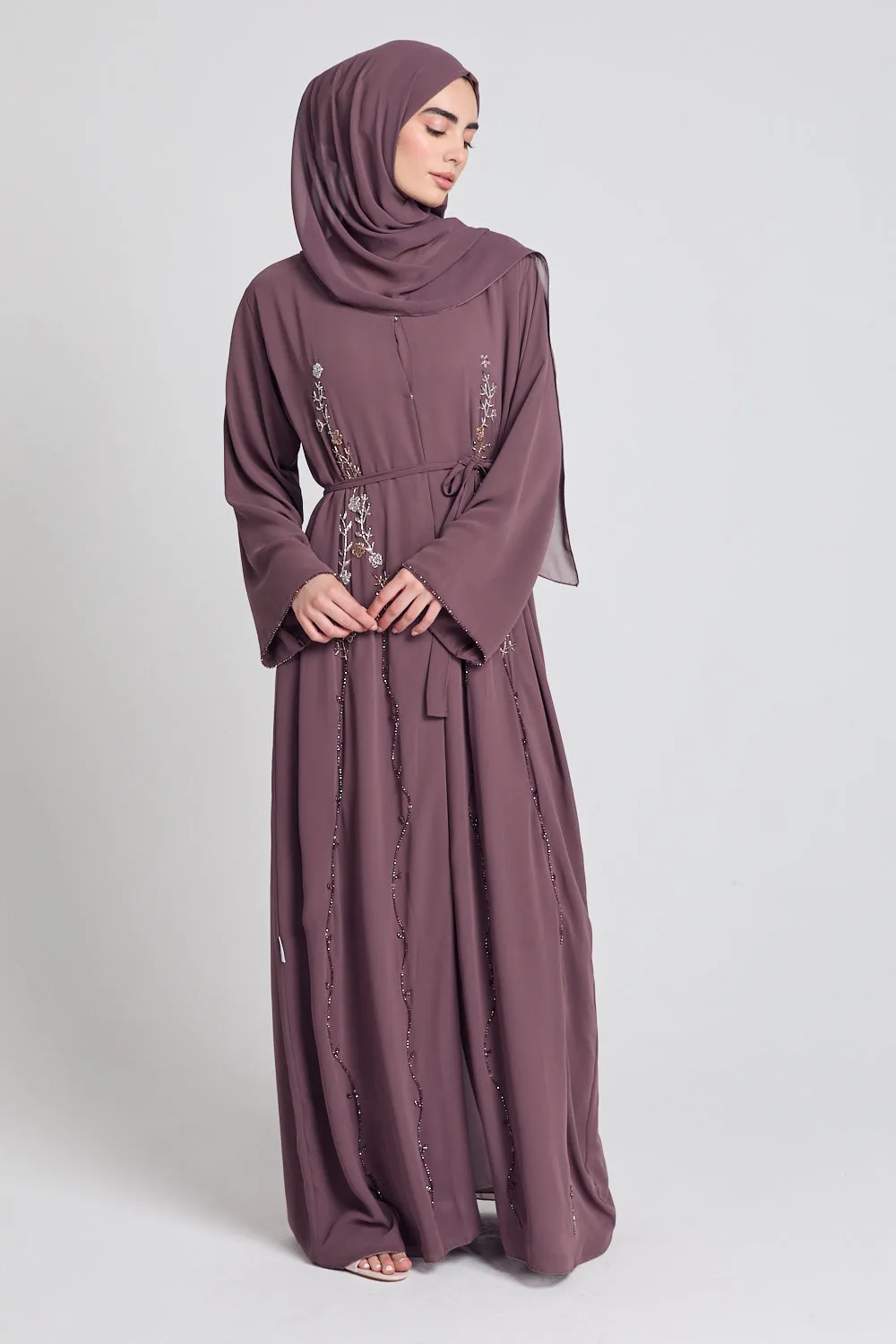 Mauve Mist Chiffon Floral Embellished Open Abaya