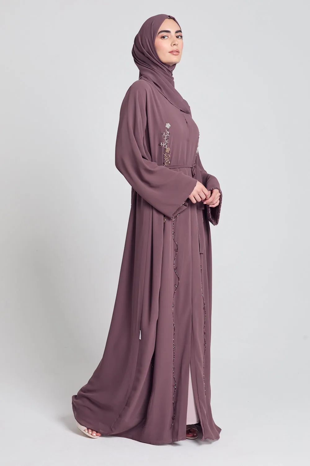 Mauve Mist Chiffon Floral Embellished Open Abaya