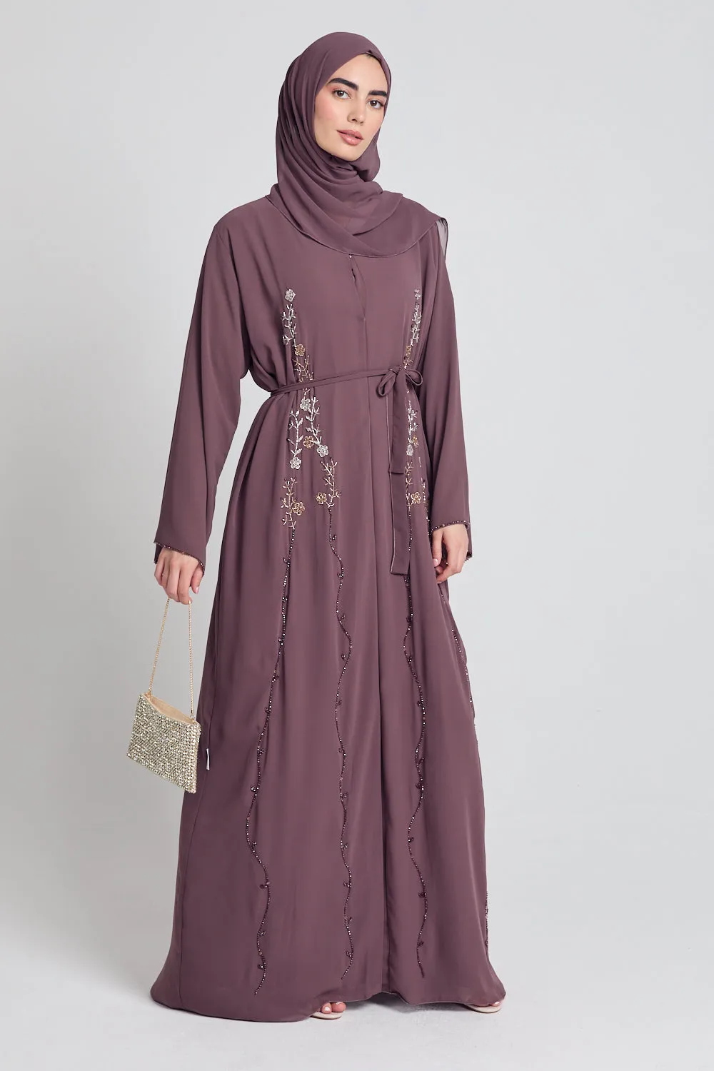 Mauve Mist Chiffon Floral Embellished Open Abaya