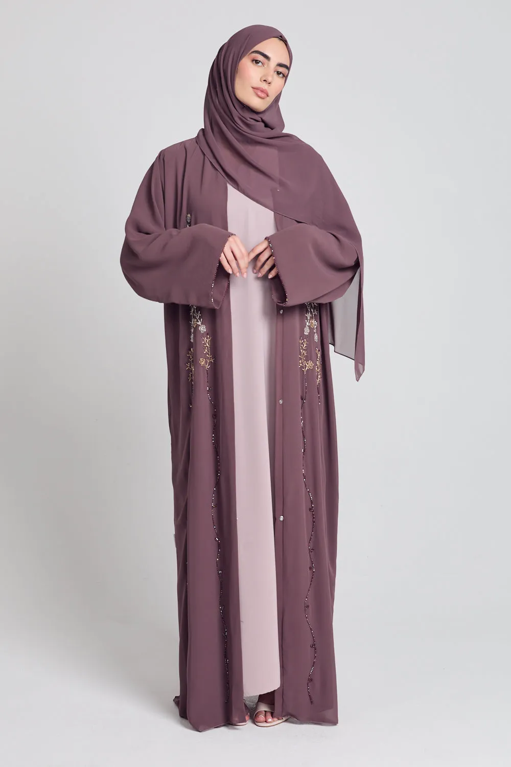 Mauve Mist Chiffon Floral Embellished Open Abaya