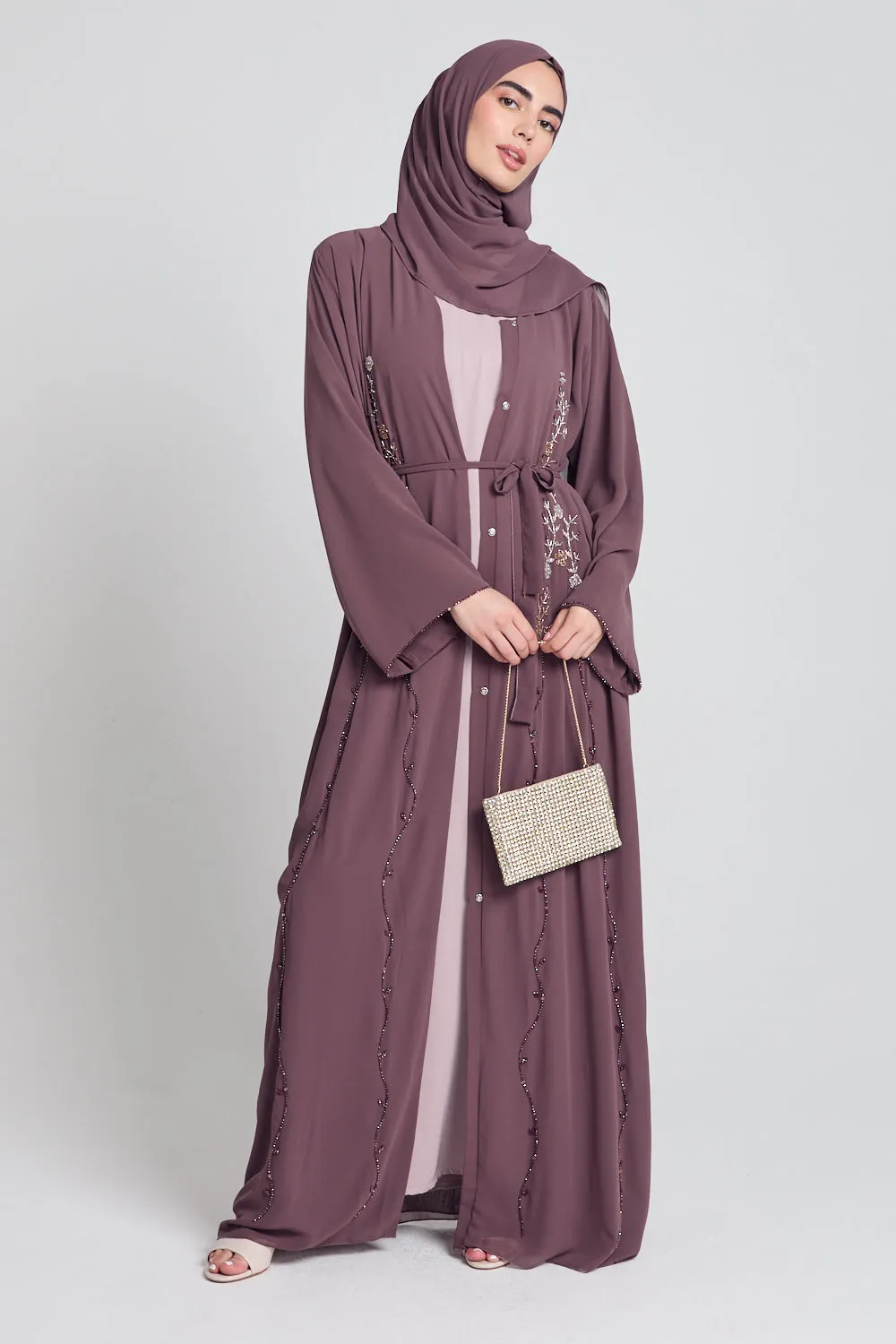 Mauve Mist Chiffon Floral Embellished Open Abaya