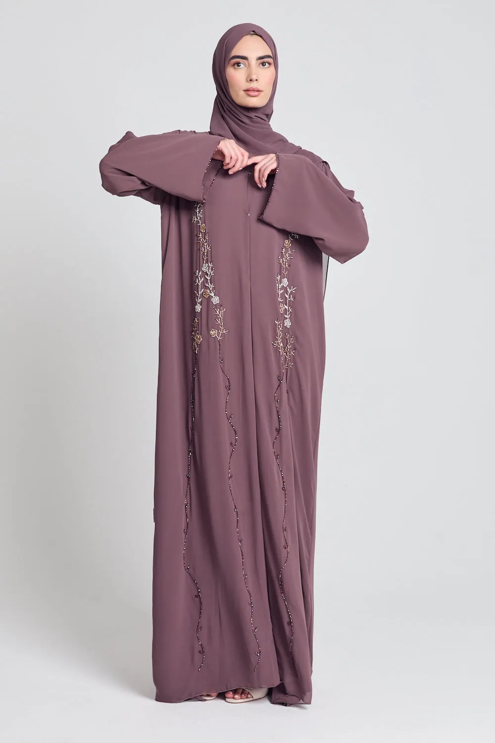 Mauve Mist Chiffon Floral Embellished Open Abaya