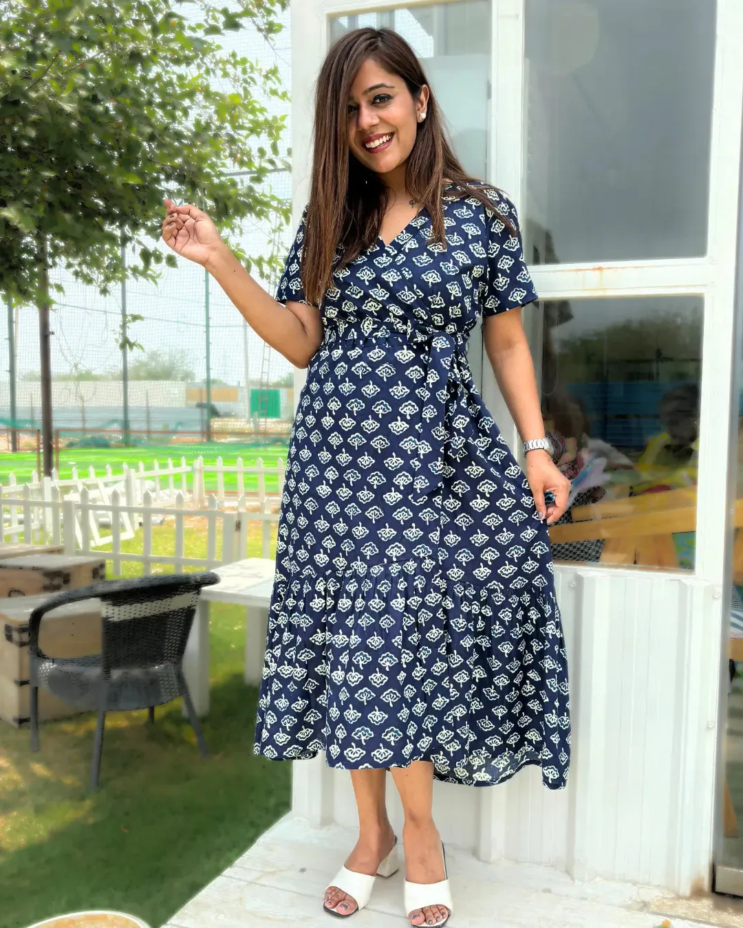 Navy Blue Printed Cotton Wrap Dress