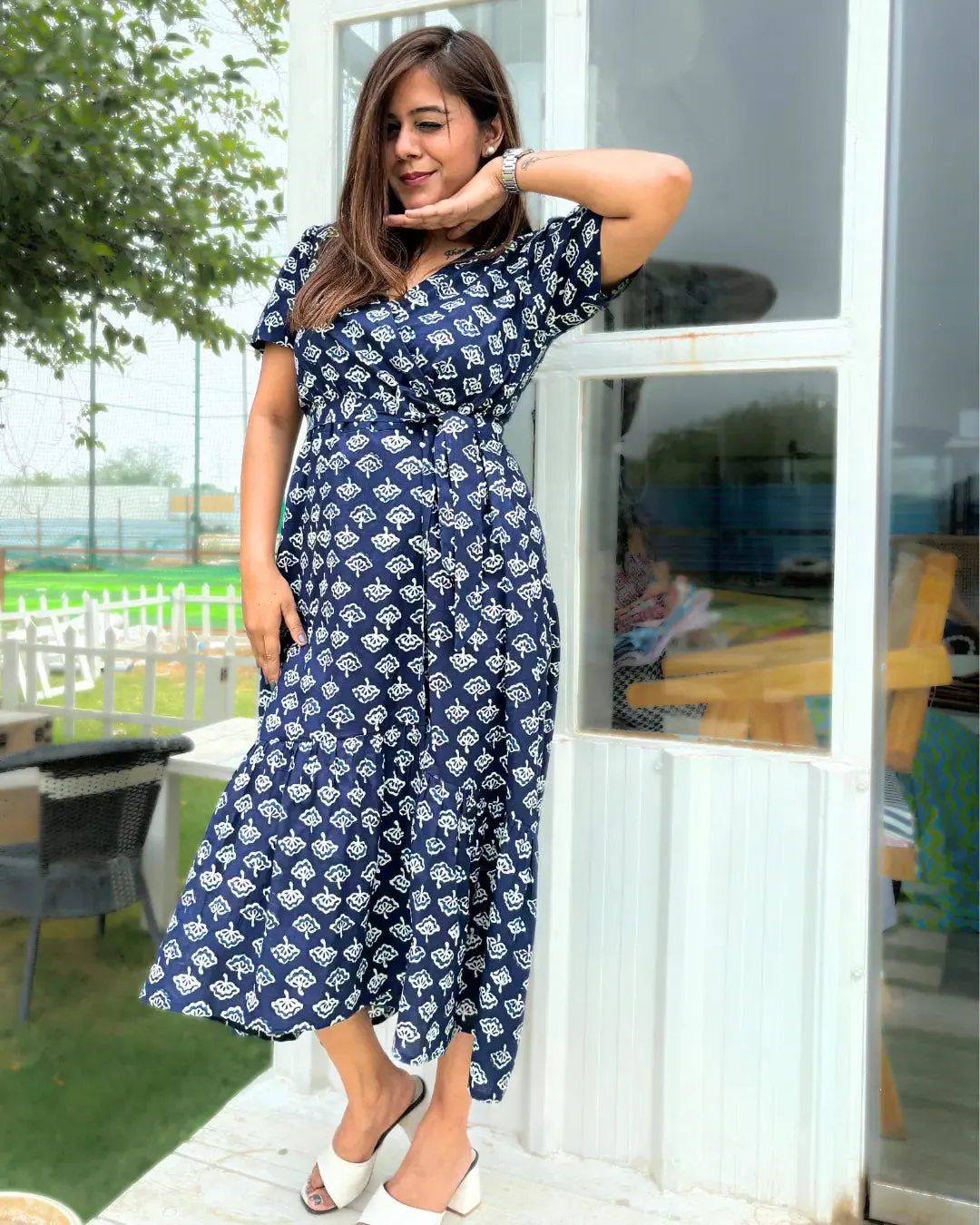 Navy Blue Printed Cotton Wrap Dress