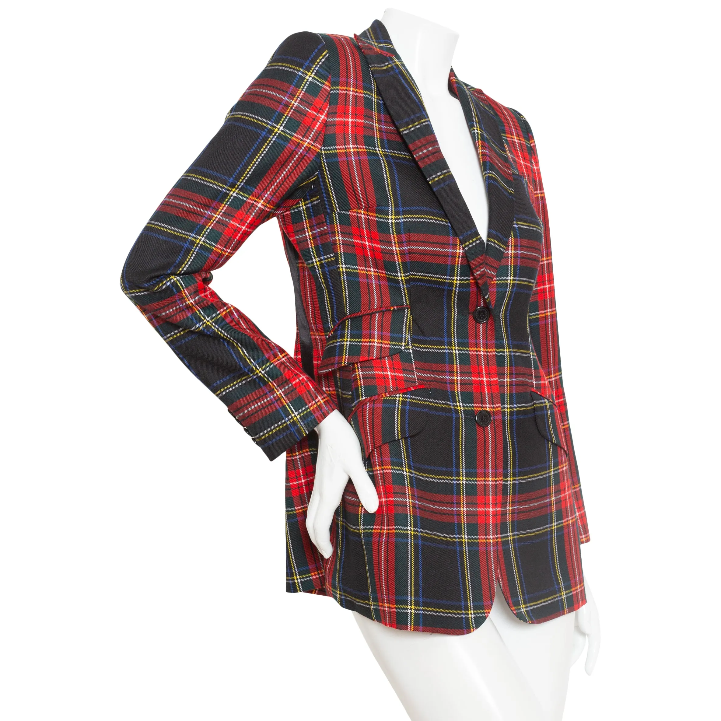 Red and Navy Wool-Blend Tartan Leopard Print Blazer