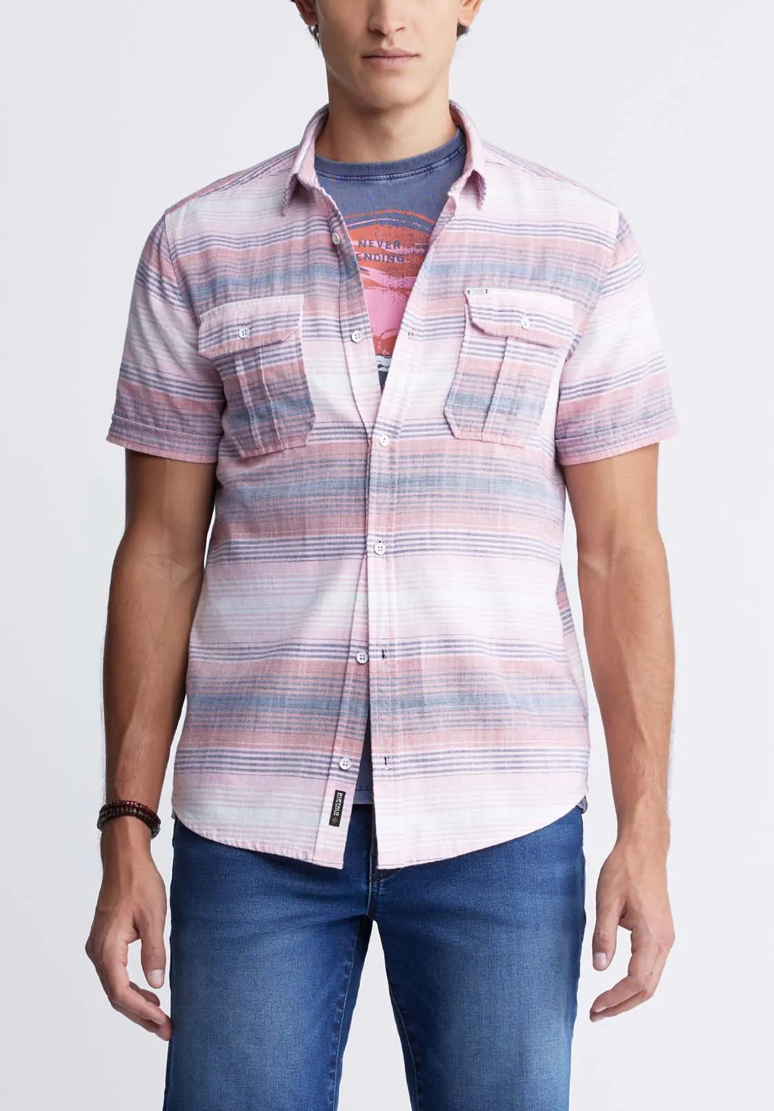 Siboa Men's Short Sleeve Striped Shirt in Mineral Red - BM24303