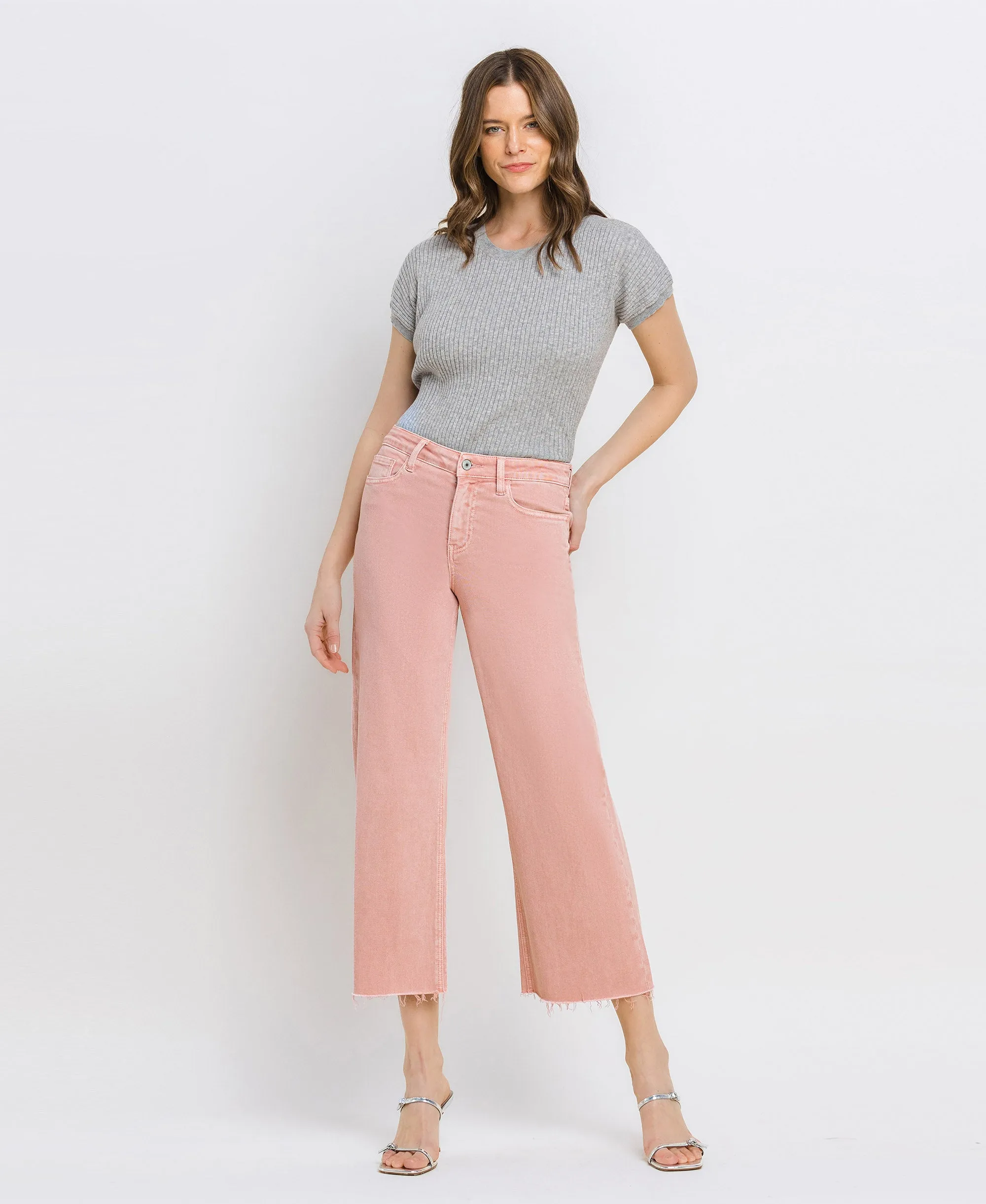 Silver Pink - High Rise Crop Wide Leg Jeans